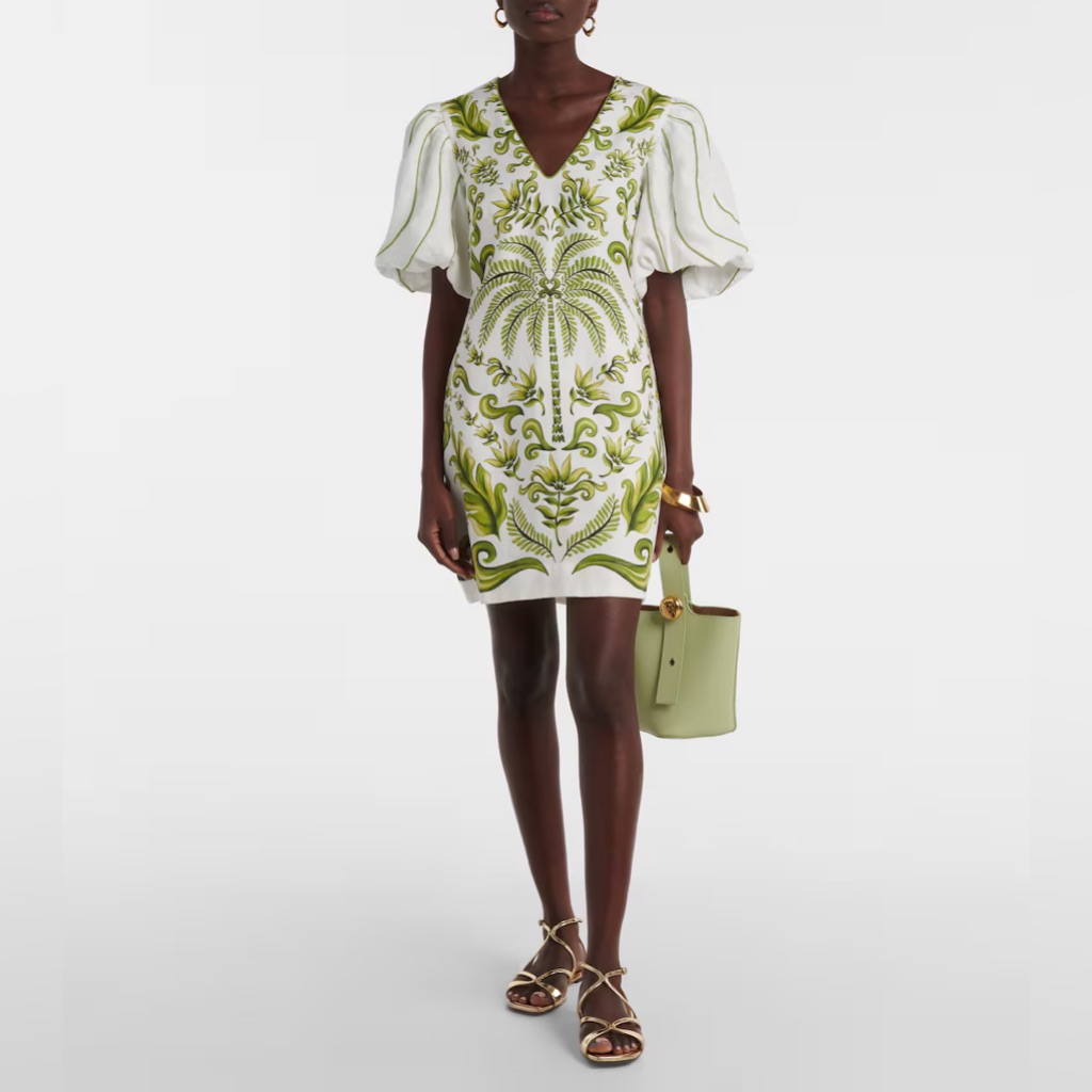 White And Green Palm Tree Linen Mini Dress
